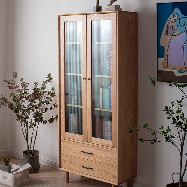 Elegant Brown Cherry and Paulownia Wood Cabinet with Glass and Metal Accents fyx-857