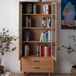 Elegant Brown Cherry and Paulownia Wood Cabinet with Glass and Metal Accents fyx-857