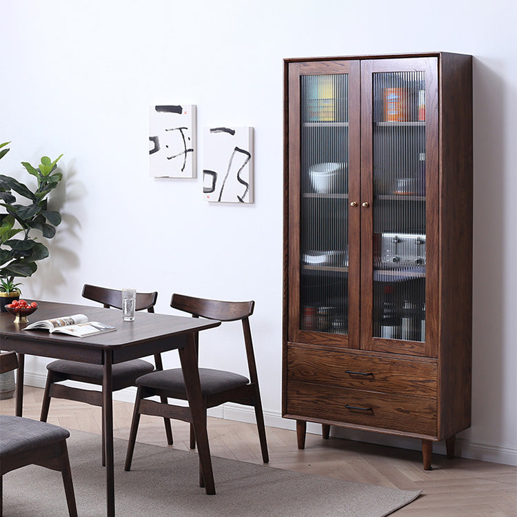 Elegant Brown Cherry and Paulownia Wood Cabinet with Glass and Metal Accents fyx-857