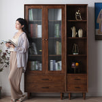 Elegant Brown Cherry and Paulownia Wood Cabinet with Glass and Metal Accents fyx-857