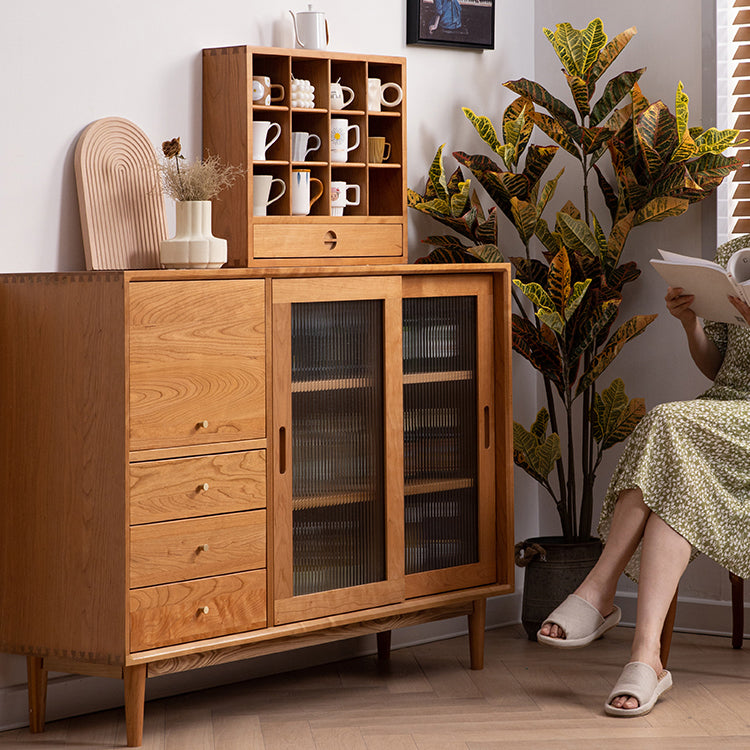 Elegant Natural Cherry and Beech Wood Cabinet with Glass and Copper Accents fyx-859