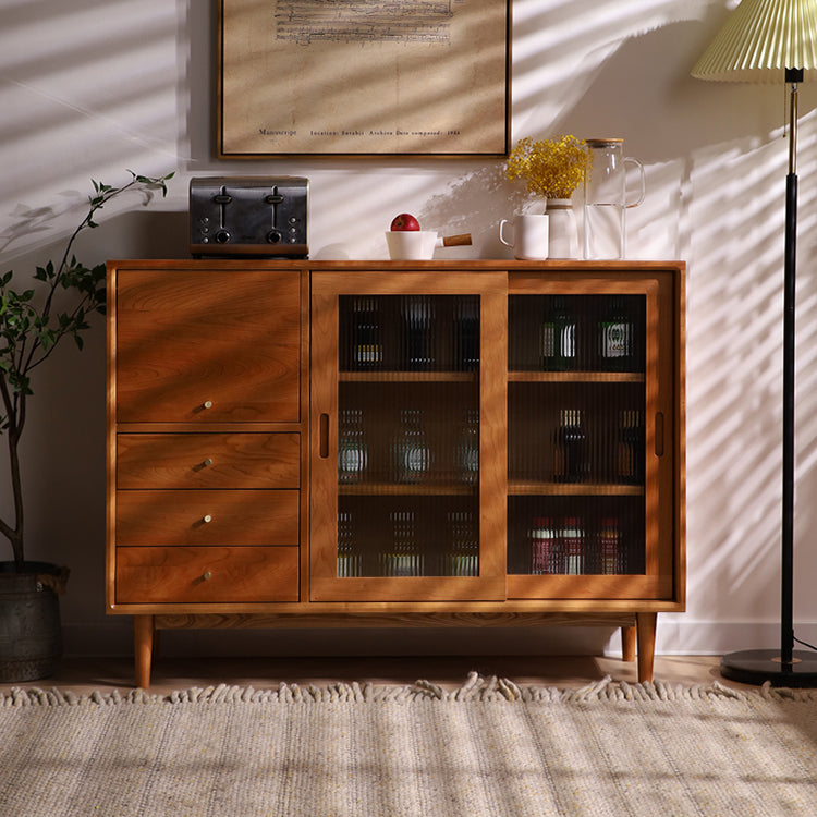 Elegant Natural Cherry and Beech Wood Cabinet with Glass and Copper Accents fyx-859