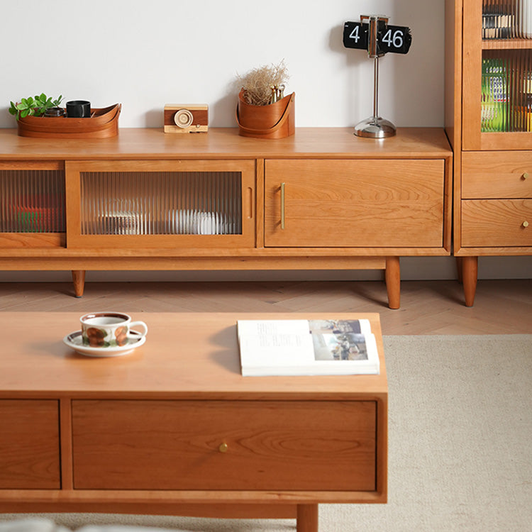 Elegant Oak and Cherry Wood TV Cabinet with Glass Doors and Copper Accents fyx-860