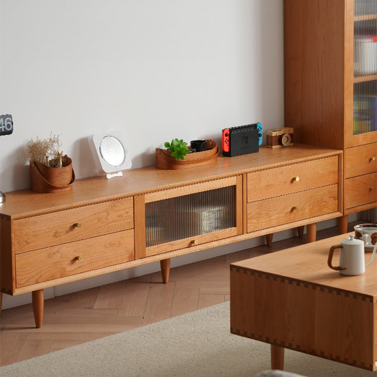 Elegant Oak and Cherry Wood TV Cabinet with Glass Doors and Copper Accents fyx-860