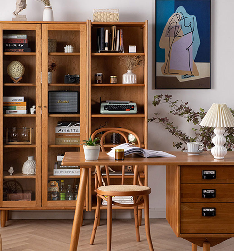 Elegant Cherry Wood Cabinet with Tempered Glass and Copper Accents fyx-861