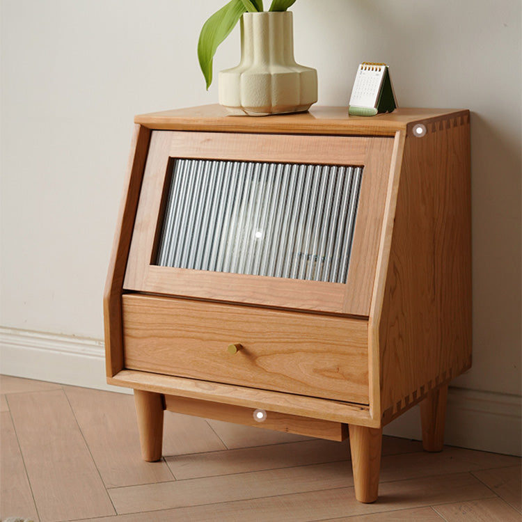 Elegant Cherry Wood Bedside Cupboard with Copper and Glass Accents fyx-862