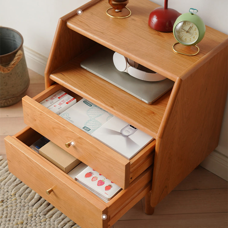 Elegant Cherry Wood Bedside Cupboard with Copper and Glass Accents fyx-862