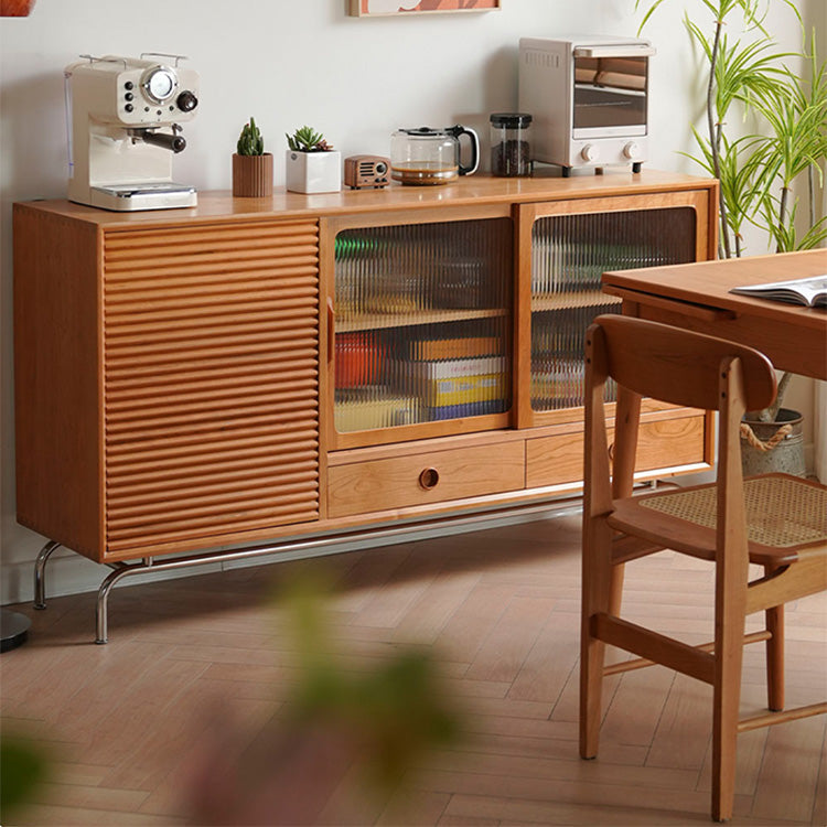 Elegant Cherry Wood & Glass Cabinet with Stainless Steel Accents - Durable Plywood Construction fyx-864