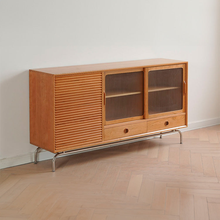 Elegant Cherry Wood & Glass Cabinet with Stainless Steel Accents - Durable Plywood Construction fyx-864