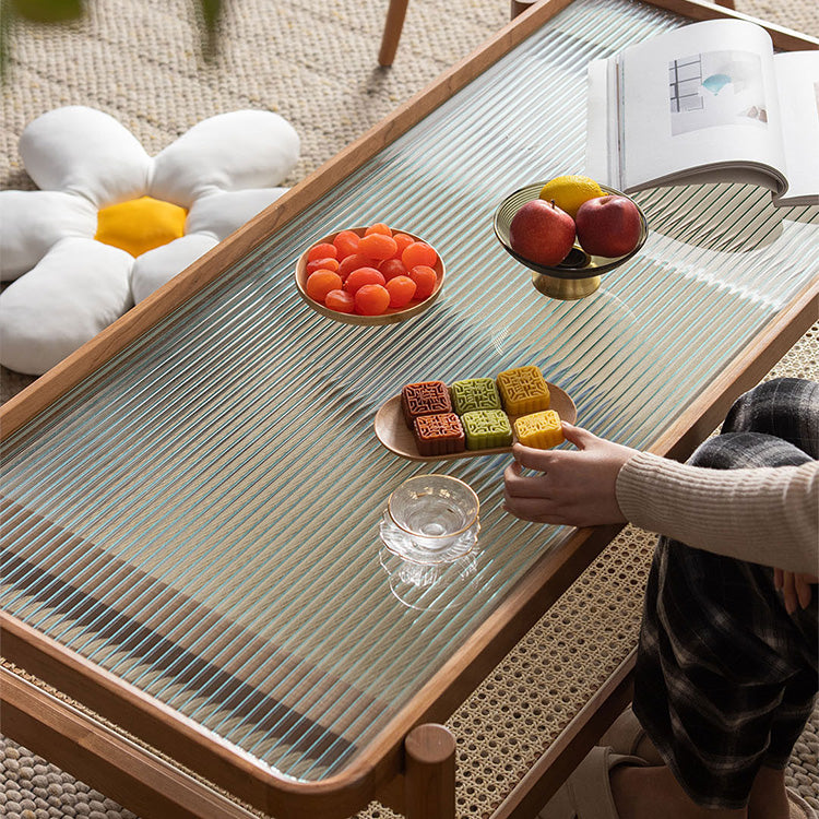 Elegant Cherry Wood Tea Table with Tempered Glass and Stylish Rattan Detailing fyx-869