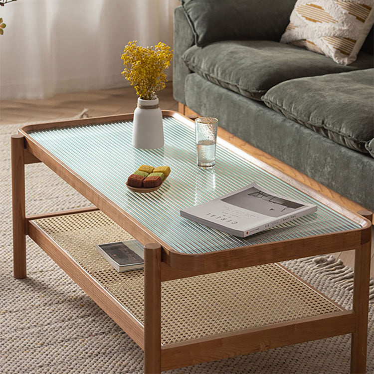 Elegant Cherry Wood Tea Table with Tempered Glass and Stylish Rattan Detailing fyx-869