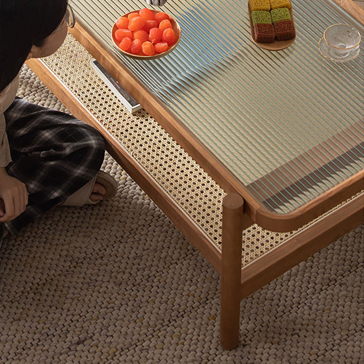 Elegant Cherry Wood Tea Table with Tempered Glass and Stylish Rattan Detailing fyx-869