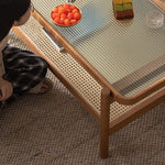 Elegant Cherry Wood Tea Table with Tempered Glass and Stylish Rattan Detailing fyx-869