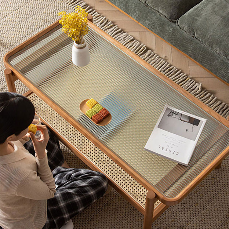 Elegant Cherry Wood Tea Table with Tempered Glass and Stylish Rattan Detailing fyx-869