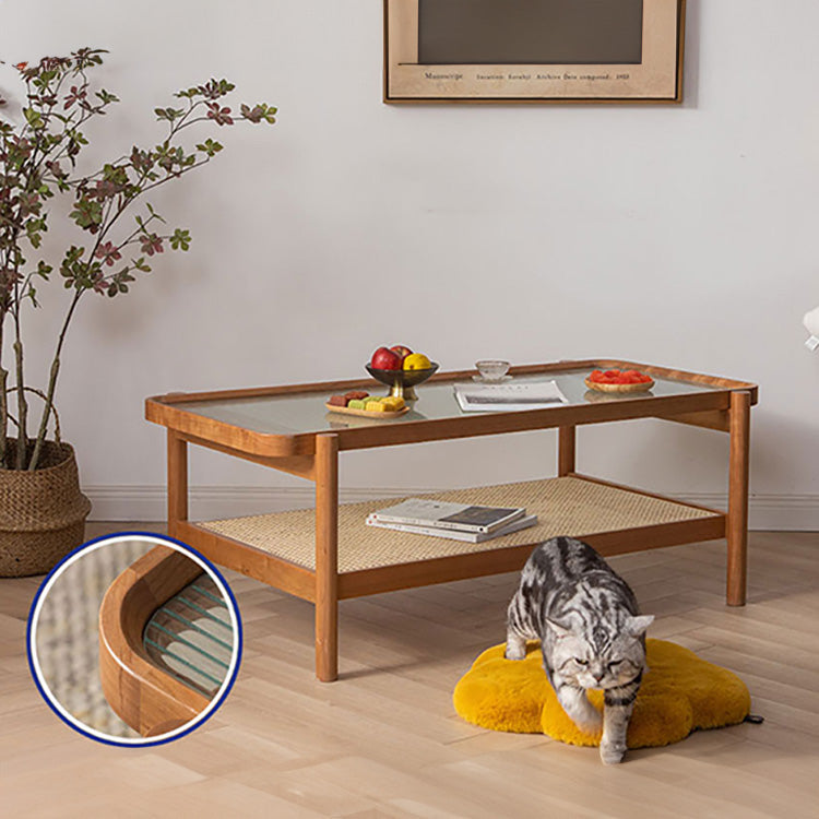 Elegant Cherry Wood Tea Table with Tempered Glass and Stylish Rattan Detailing fyx-869