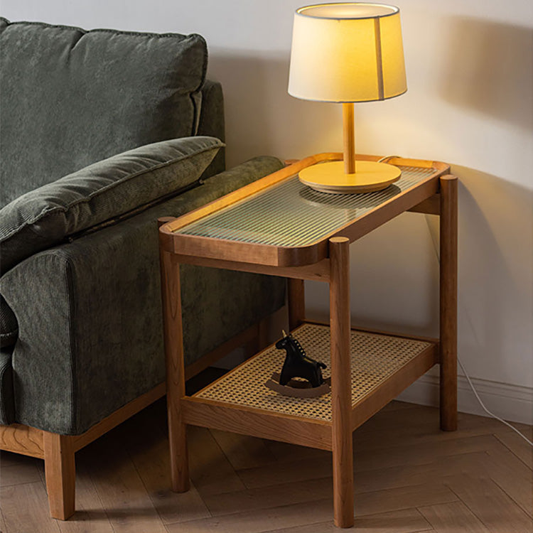 Elegant Cherry Wood Tea Table with Tempered Glass and Stylish Rattan Detailing fyx-869