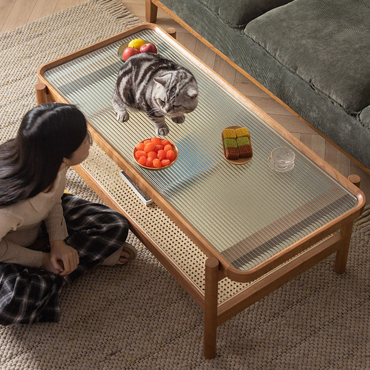 Elegant Cherry Wood Tea Table with Tempered Glass and Stylish Rattan Detailing fyx-869