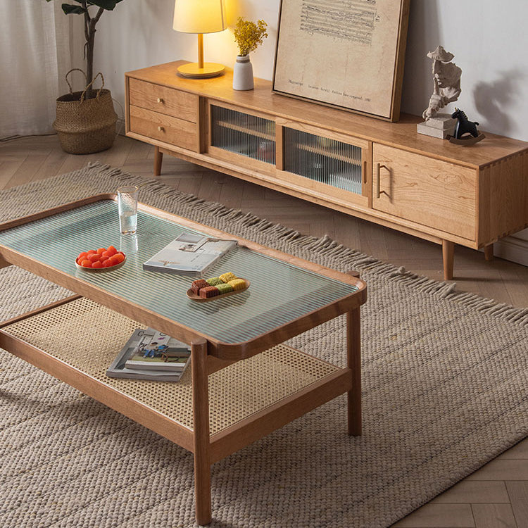 Elegant Cherry Wood Tea Table with Tempered Glass and Stylish Rattan Detailing fyx-869