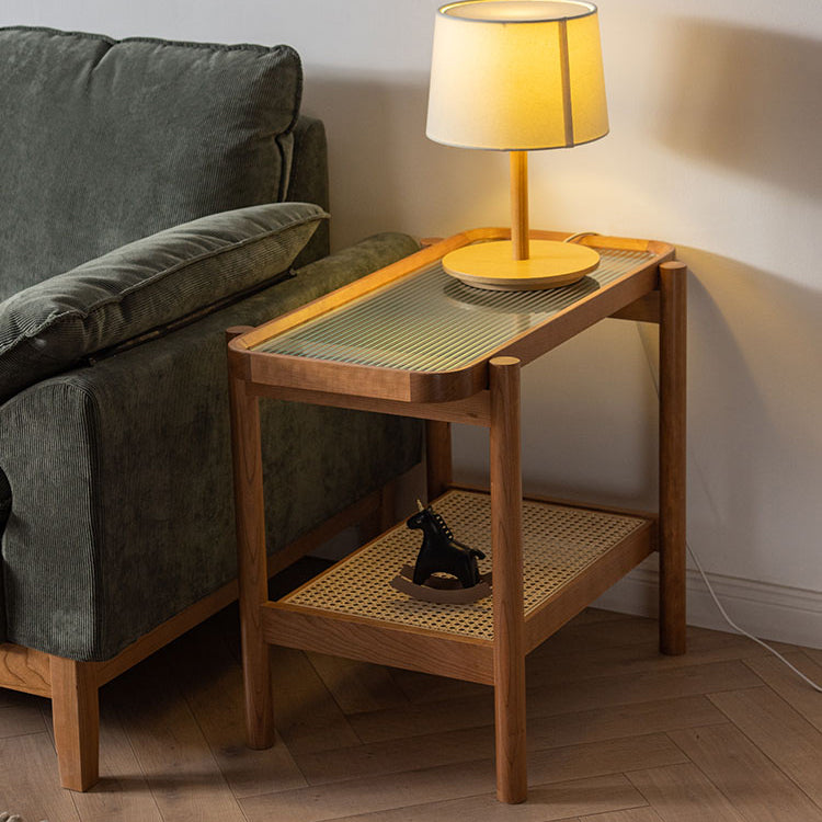 Elegant Cherry Wood Tea Table with Tempered Glass and Stylish Rattan Detailing fyx-869