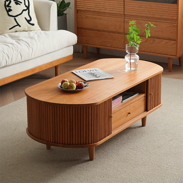 Elegant Cherry Wood Tea Table with Plywood Accents and Copper Detailing fyx-872