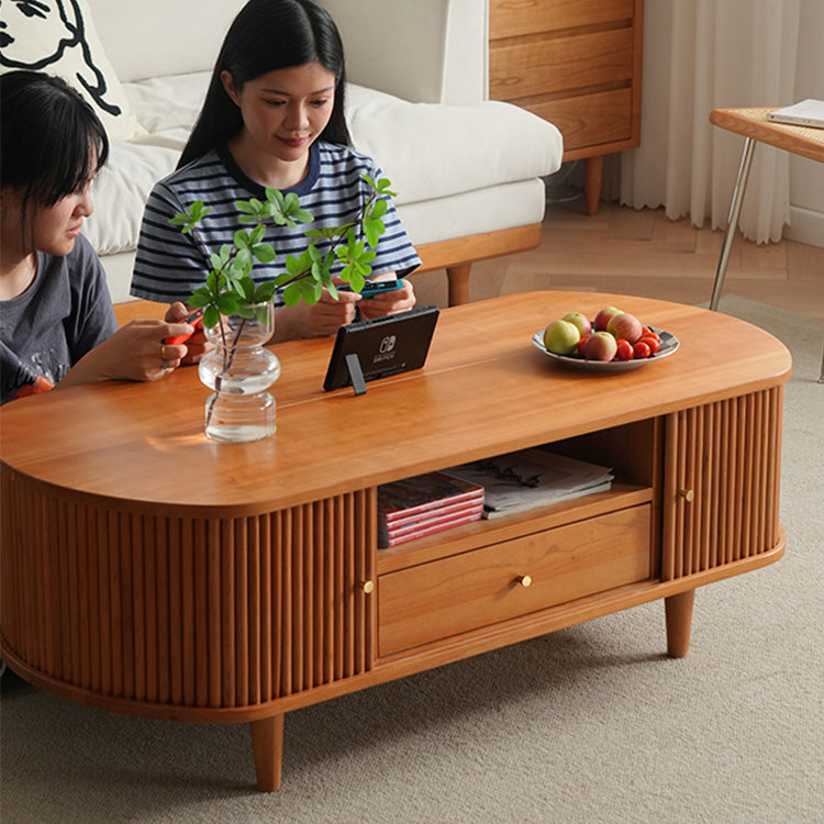 Elegant Cherry Wood Tea Table with Plywood Accents and Copper Detailing fyx-872