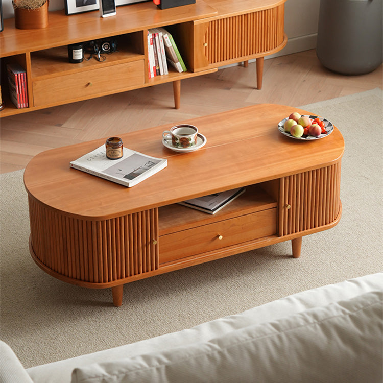 Elegant Cherry Wood Tea Table with Plywood Accents and Copper Detailing fyx-872