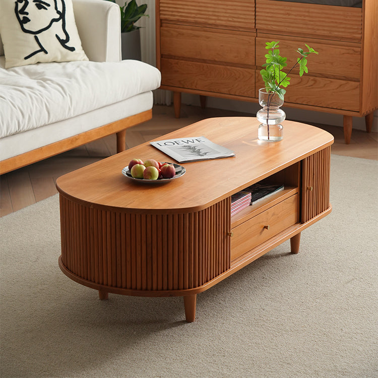 Elegant Cherry Wood Tea Table with Plywood Accents and Copper Detailing fyx-872