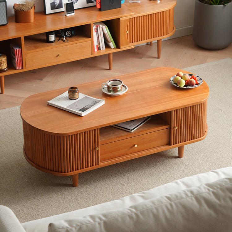 Elegant Cherry Wood Tea Table with Plywood Accents and Copper Detailing fyx-872