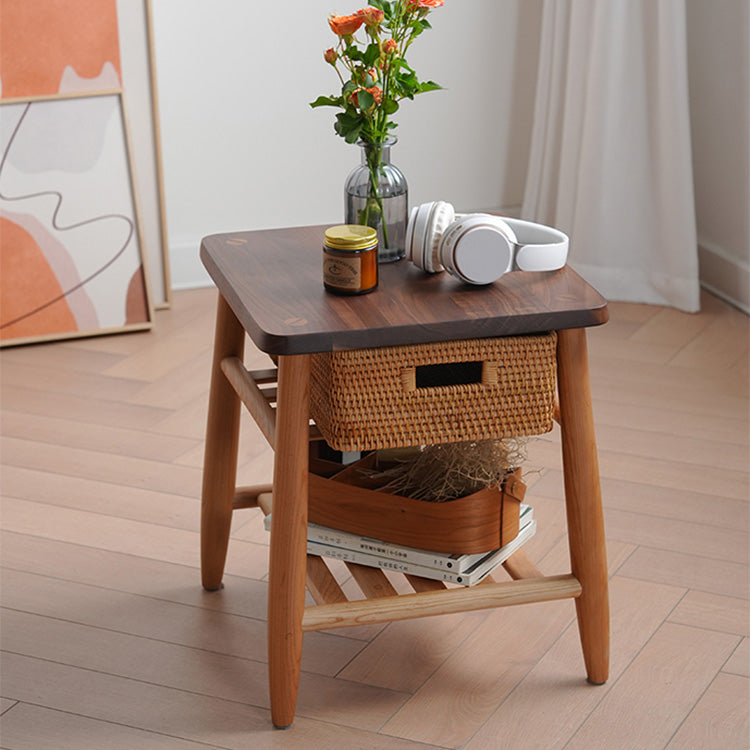 Stylish Tea Table in Cherry Wood & Walnut with Elegant Rattan Design fyx-874