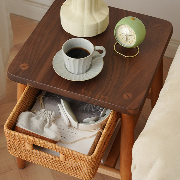 Stylish Tea Table in Cherry Wood & Walnut with Elegant Rattan Design fyx-874