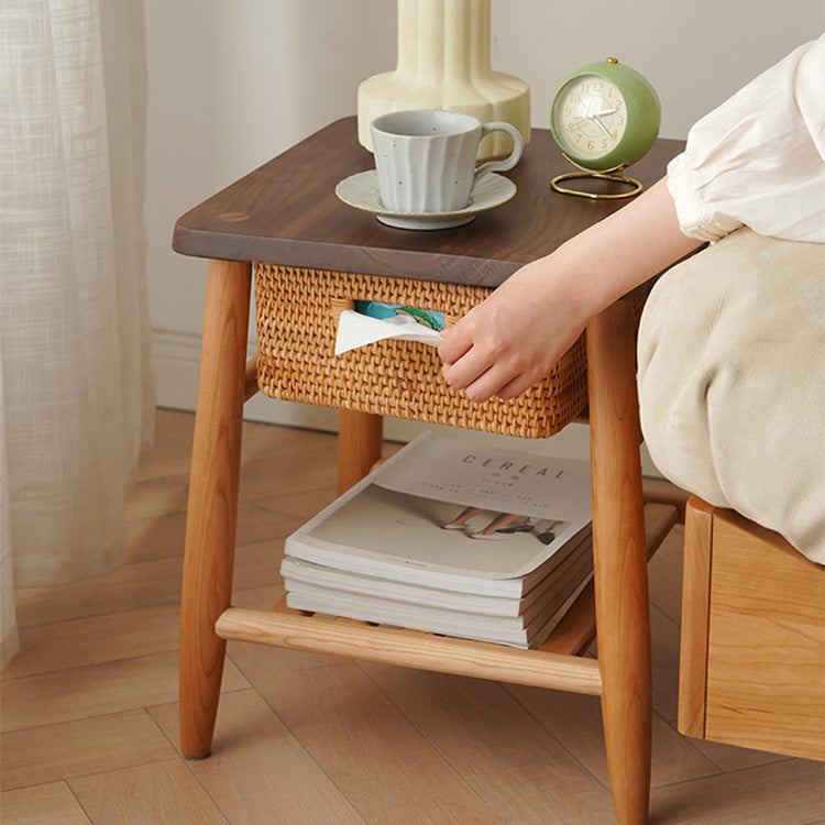 Stylish Tea Table in Cherry Wood & Walnut with Elegant Rattan Design fyx-874