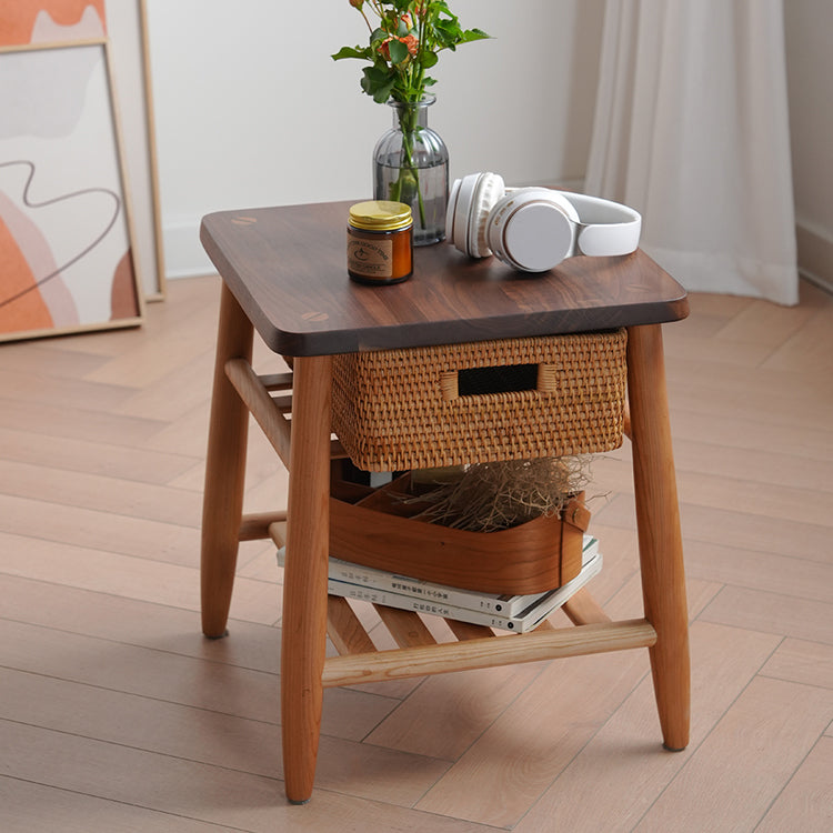 Stylish Tea Table in Cherry Wood & Walnut with Elegant Rattan Design fyx-874