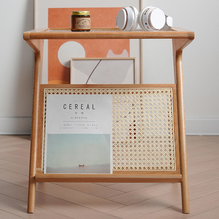 Elegant Cherry Wood and Glass Tea Table with Rattan Accents - Natural Finish fyx-875