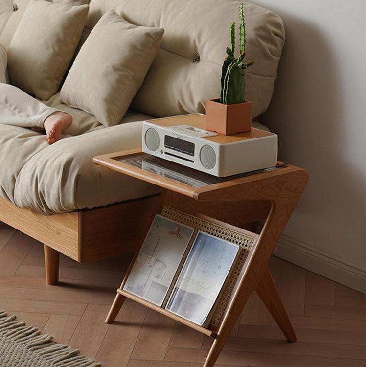 Elegant Cherry Wood and Glass Tea Table with Rattan Accents - Natural Finish fyx-875