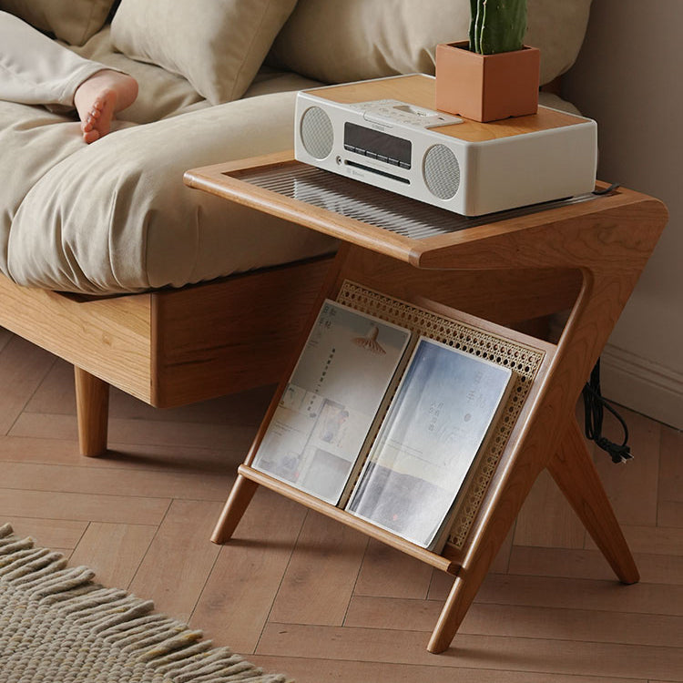 Elegant Cherry Wood and Glass Tea Table with Rattan Accents - Natural Finish fyx-875