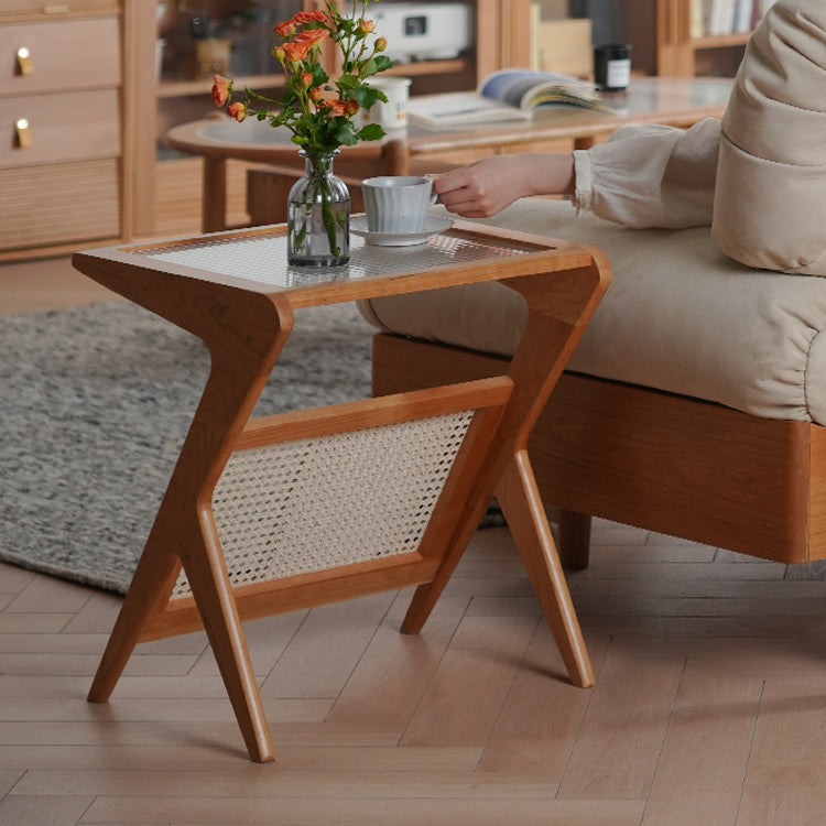 Elegant Cherry Wood and Glass Tea Table with Rattan Accents - Natural Finish fyx-875