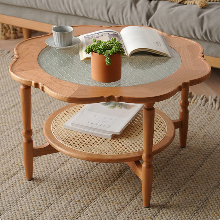 Elegant Cherry Wood & Glass Tea Table with Rattan Accents - Perfect for Any Room fyx-876