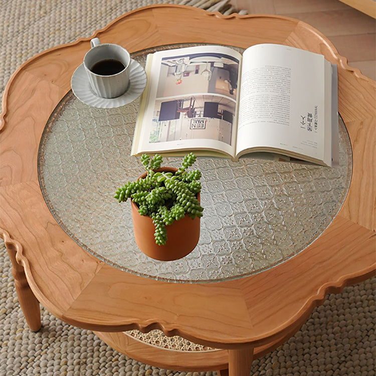 Elegant Cherry Wood & Glass Tea Table with Rattan Accents - Perfect for Any Room fyx-876