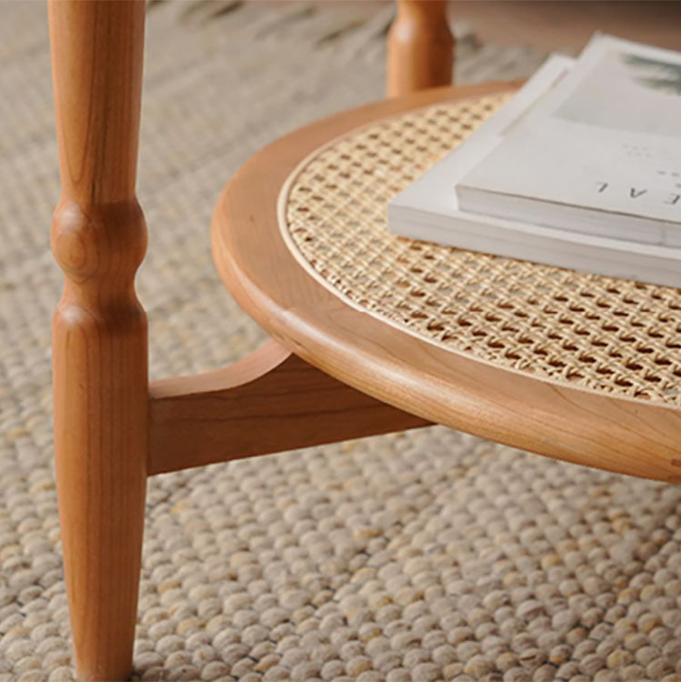 Elegant Cherry Wood & Glass Tea Table with Rattan Accents - Perfect for Any Room fyx-876