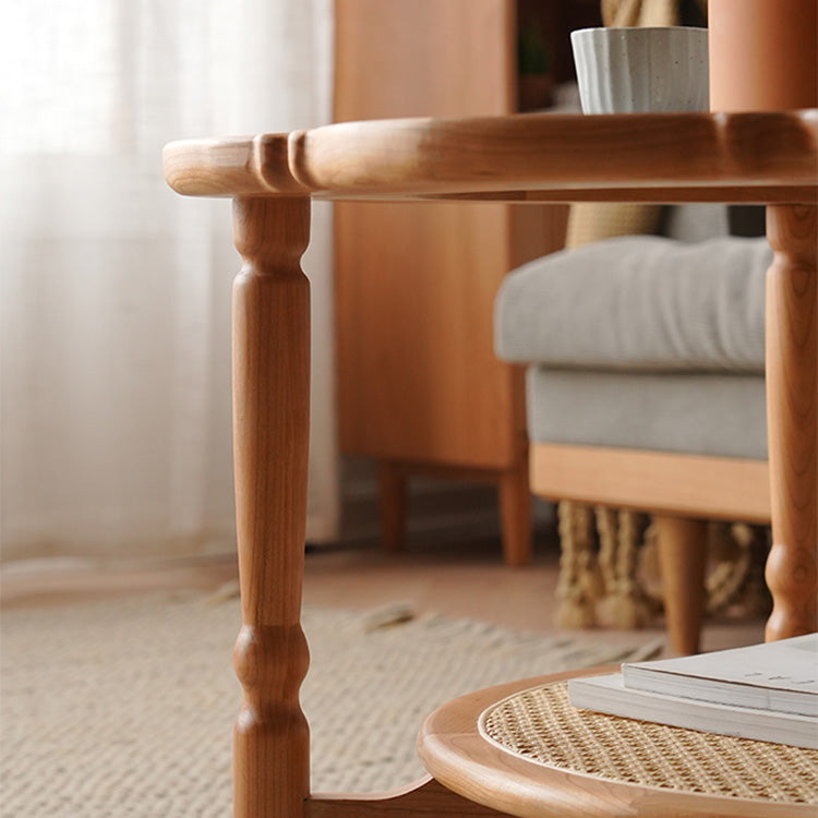 Elegant Cherry Wood & Glass Tea Table with Rattan Accents - Perfect for Any Room fyx-876