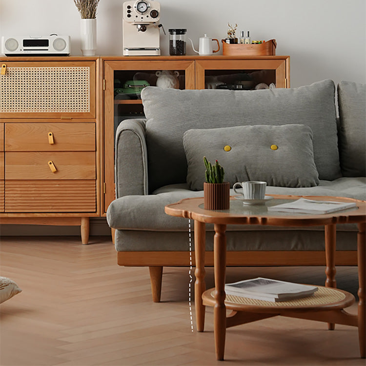 Elegant Cherry Wood & Glass Tea Table with Rattan Accents - Perfect for Any Room fyx-876