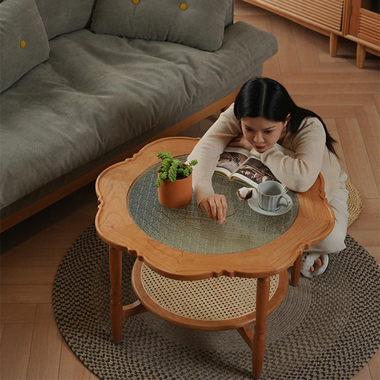 Elegant Cherry Wood & Glass Tea Table with Rattan Accents - Perfect for Any Room fyx-876