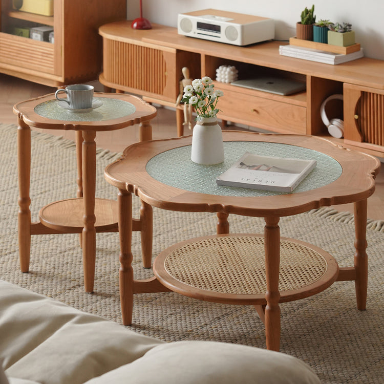 Elegant Cherry Wood & Glass Tea Table with Rattan Accents - Perfect for Any Room fyx-876