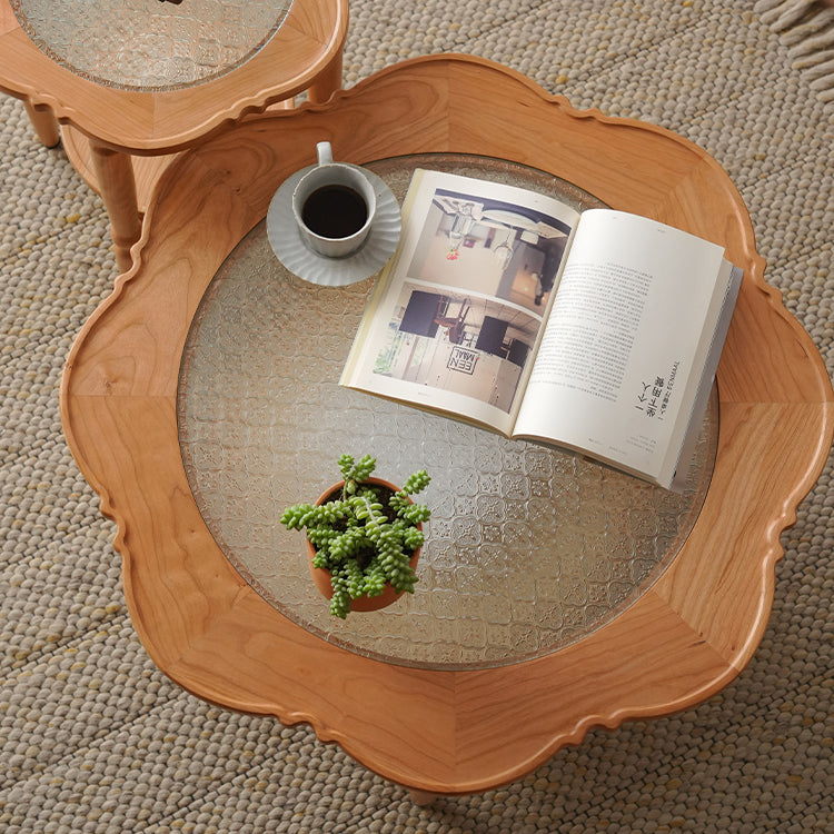 Elegant Cherry Wood & Glass Tea Table with Rattan Accents - Perfect for Any Room fyx-876