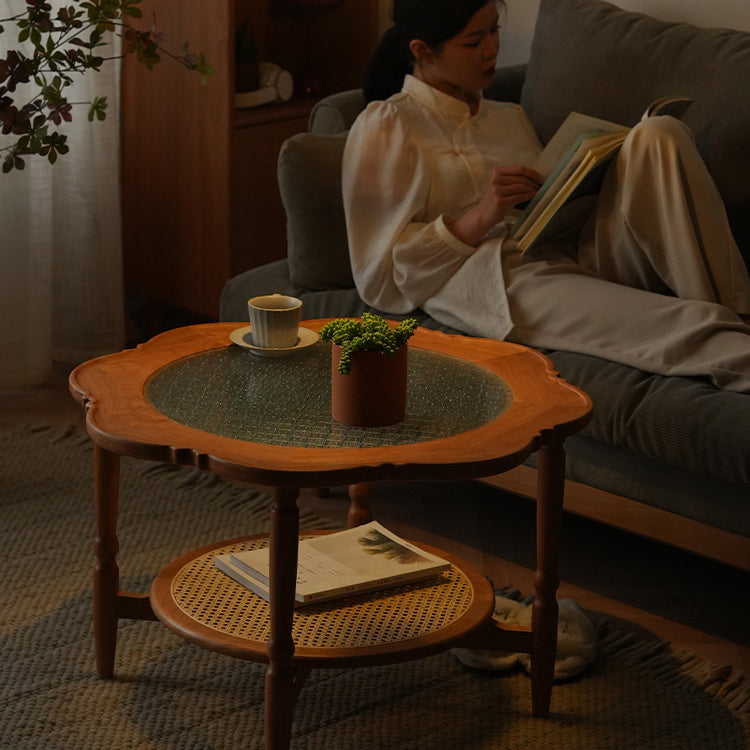 Elegant Cherry Wood & Glass Tea Table with Rattan Accents - Perfect for Any Room fyx-876