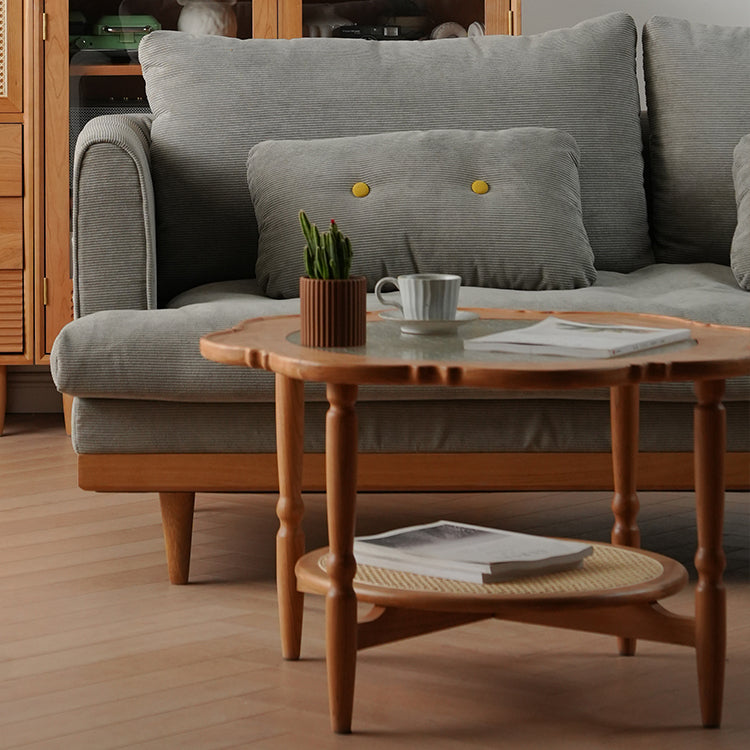 Elegant Cherry Wood & Glass Tea Table with Rattan Accents - Perfect for Any Room fyx-876