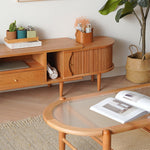 Elegant Cherry Wood and Glass Tea Table with Rattan Accents fyx-877