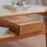 Elegant Cherry Wood and Glass Tea Table with Rattan Accents fyx-877