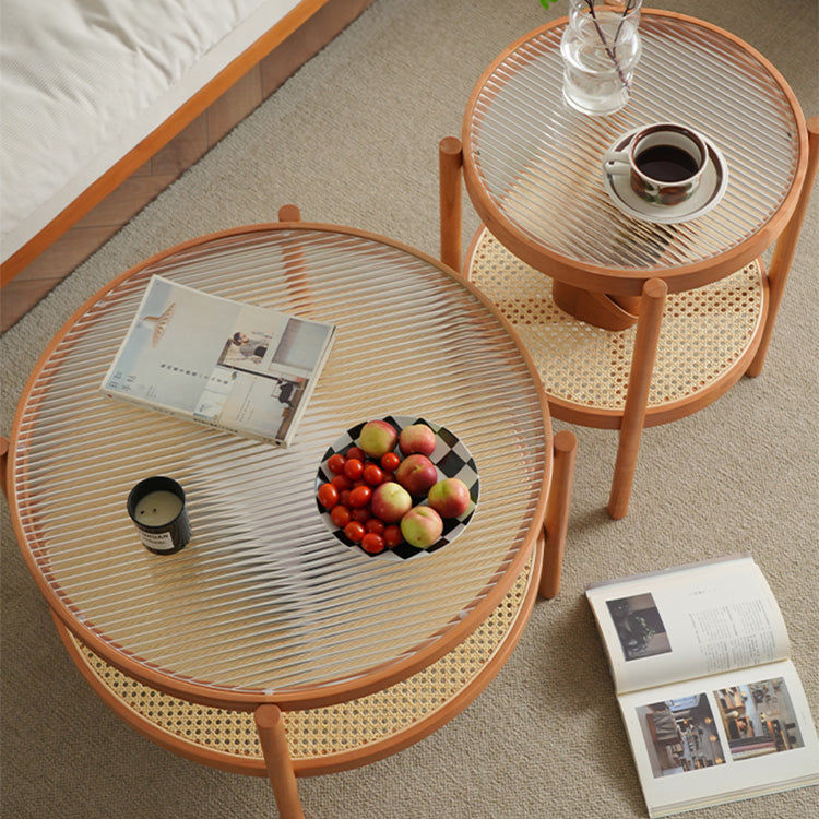 Elegant Cherry Wood and Glass Tea Table with Stylish Rattan Accents fyx-880