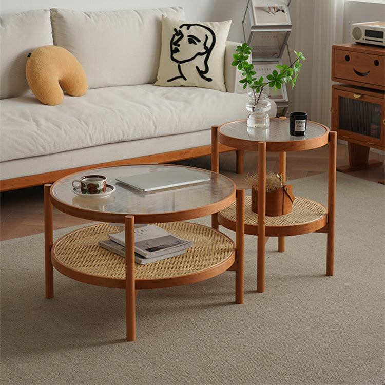 Elegant Cherry Wood and Glass Tea Table with Stylish Rattan Accents fyx-880